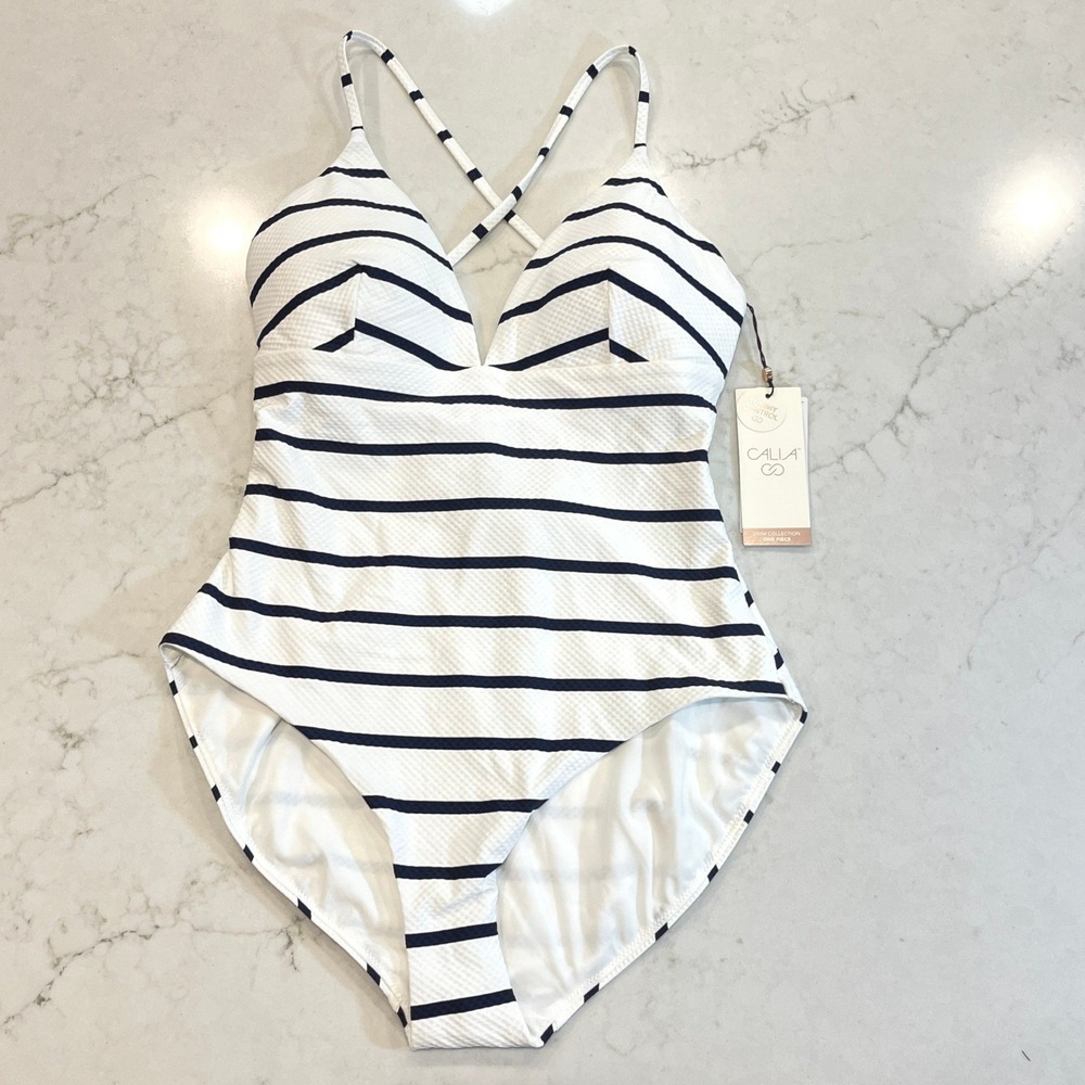 CALIA Triangle Strappy Back One Piece Swimsuit Sz 8 White Blue Stripe Nautical